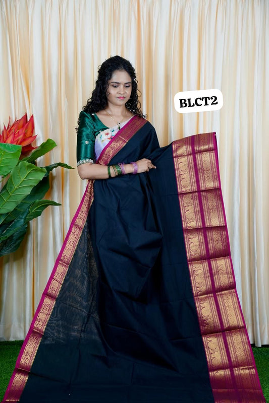 Premium Kanchi cotton saree 🥰😎 black with pink