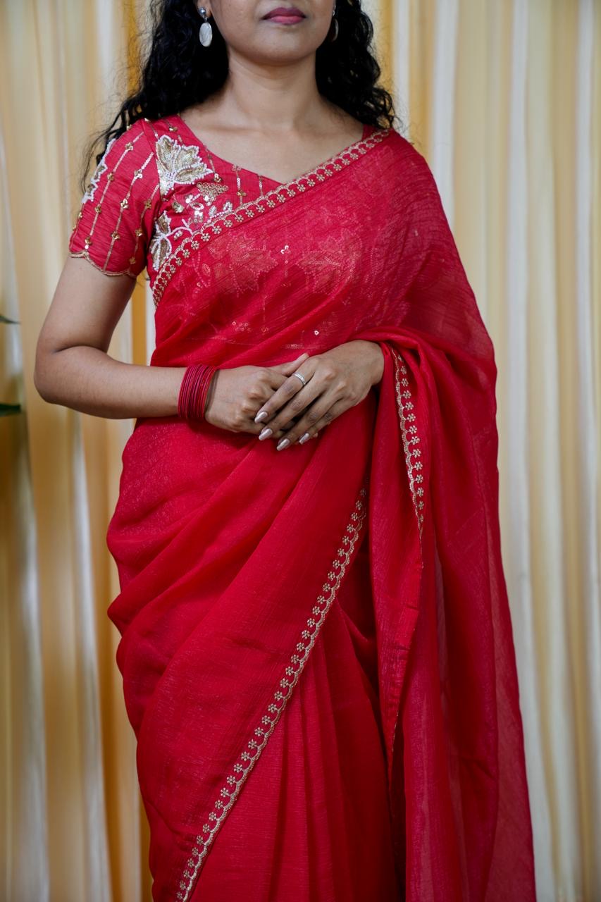 Space silk with heavy work blouse(unstitched )😍🥰😎🏃🏼‍♀️Offer (RED)