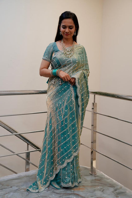 Heavy premium space silk sarees with katdana beads work 🥳✅