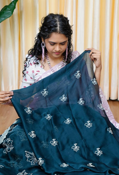 Stain Chiffon white Flower Saree🥰😎🥳 Bottle Green