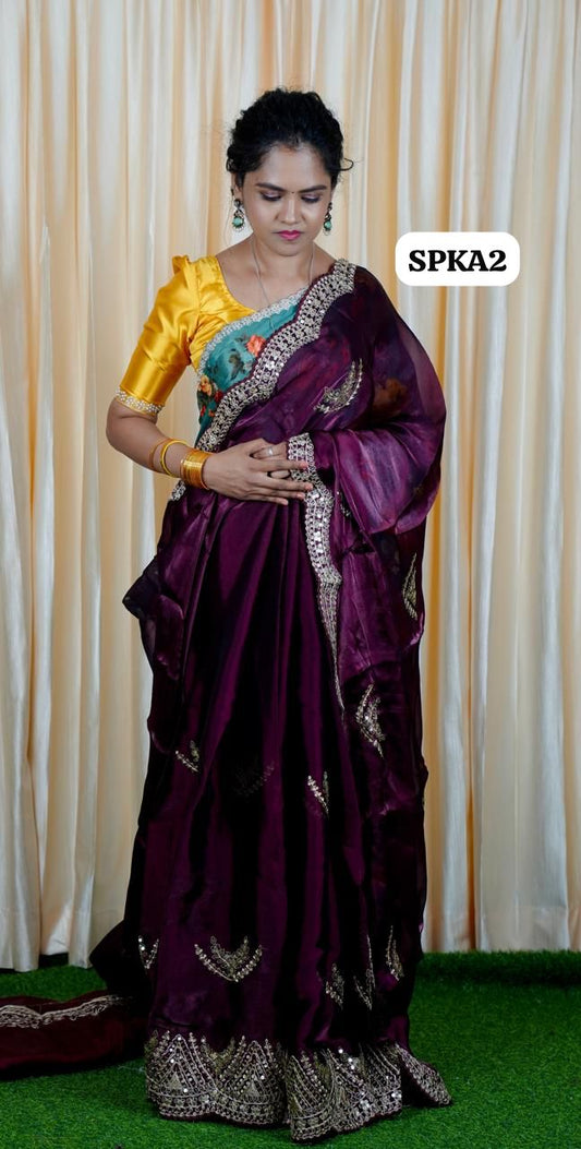 Space silk tissue sarees with heavy embroidery chumky work blouse unstitched🥰🥳✅