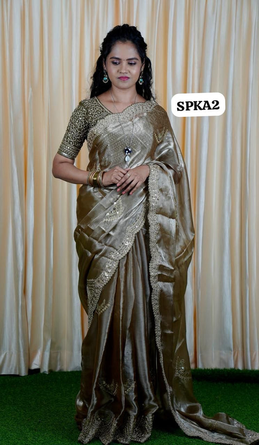 Space silk tissue sarees with heavy embroidery chumky work blouse unstitched🥳✅