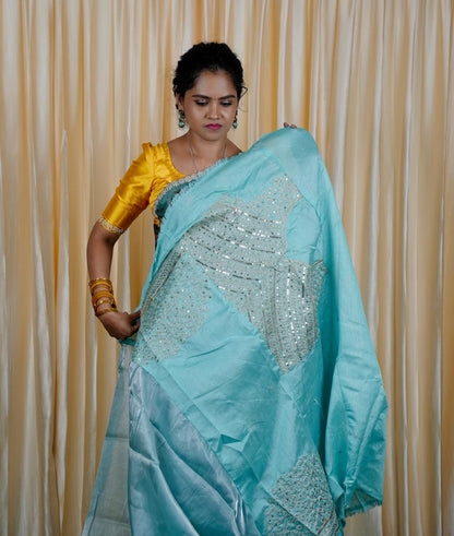 Space silk tissue sarees with heavy embroidery chumky work blouse unstitched🍄🥳