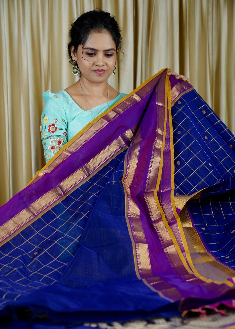 120 count Mercerised  premium kanchi cotton sarees with rich pallu and  hand made buttas(Navy blue)💎