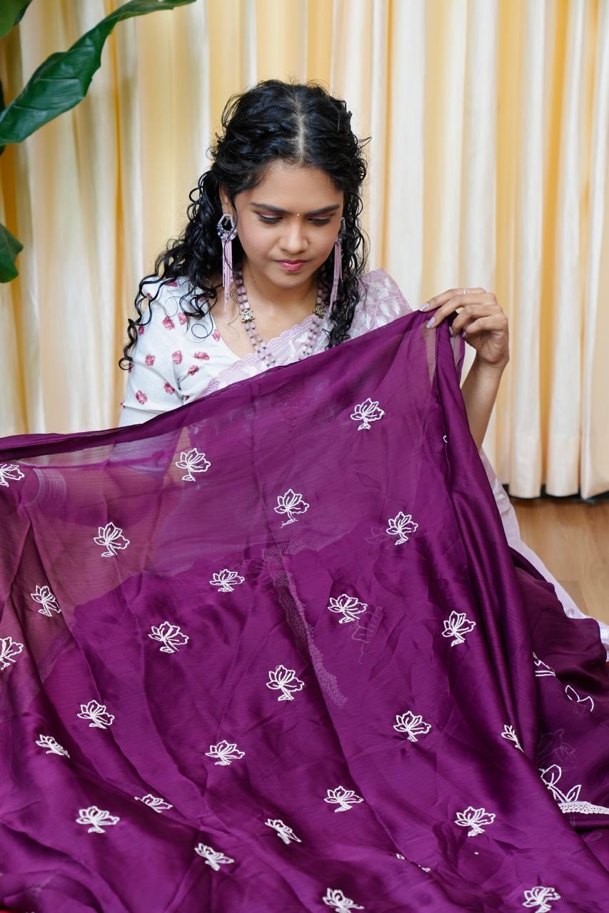 Satin Chiffon White Flower Saree🥰😎🥳Dark Wine Colour