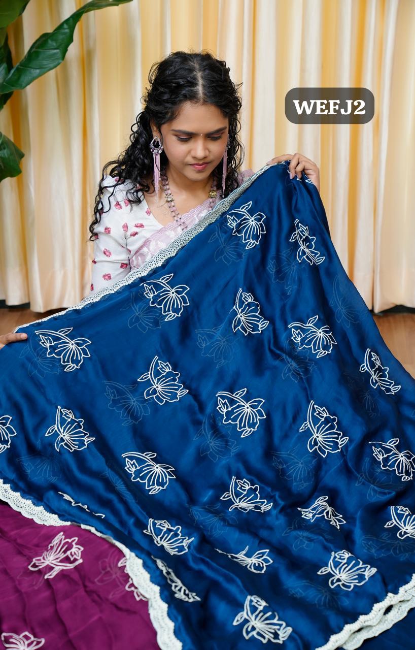 Satin Chiffon White Flower Saree Teal Blue 🥰😎🥳
