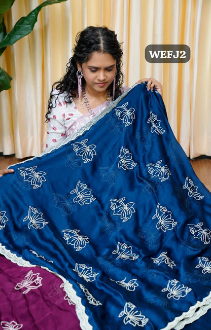 Satin Chiffon White Flower Saree Teal Blue 🥰😎🥳