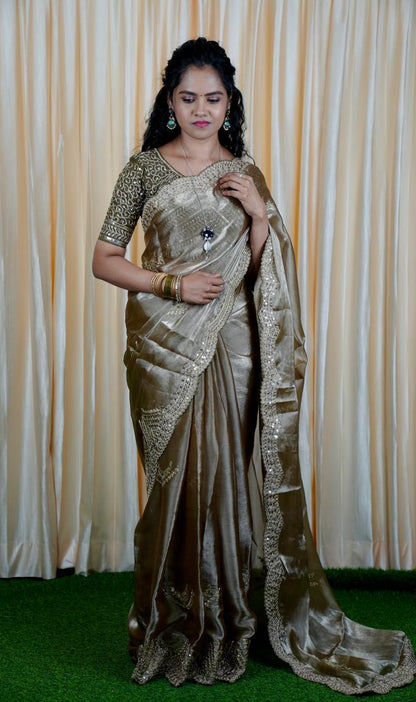 Space silk tissue sarees with heavy embroidery chumky work blouse unstitched🥳