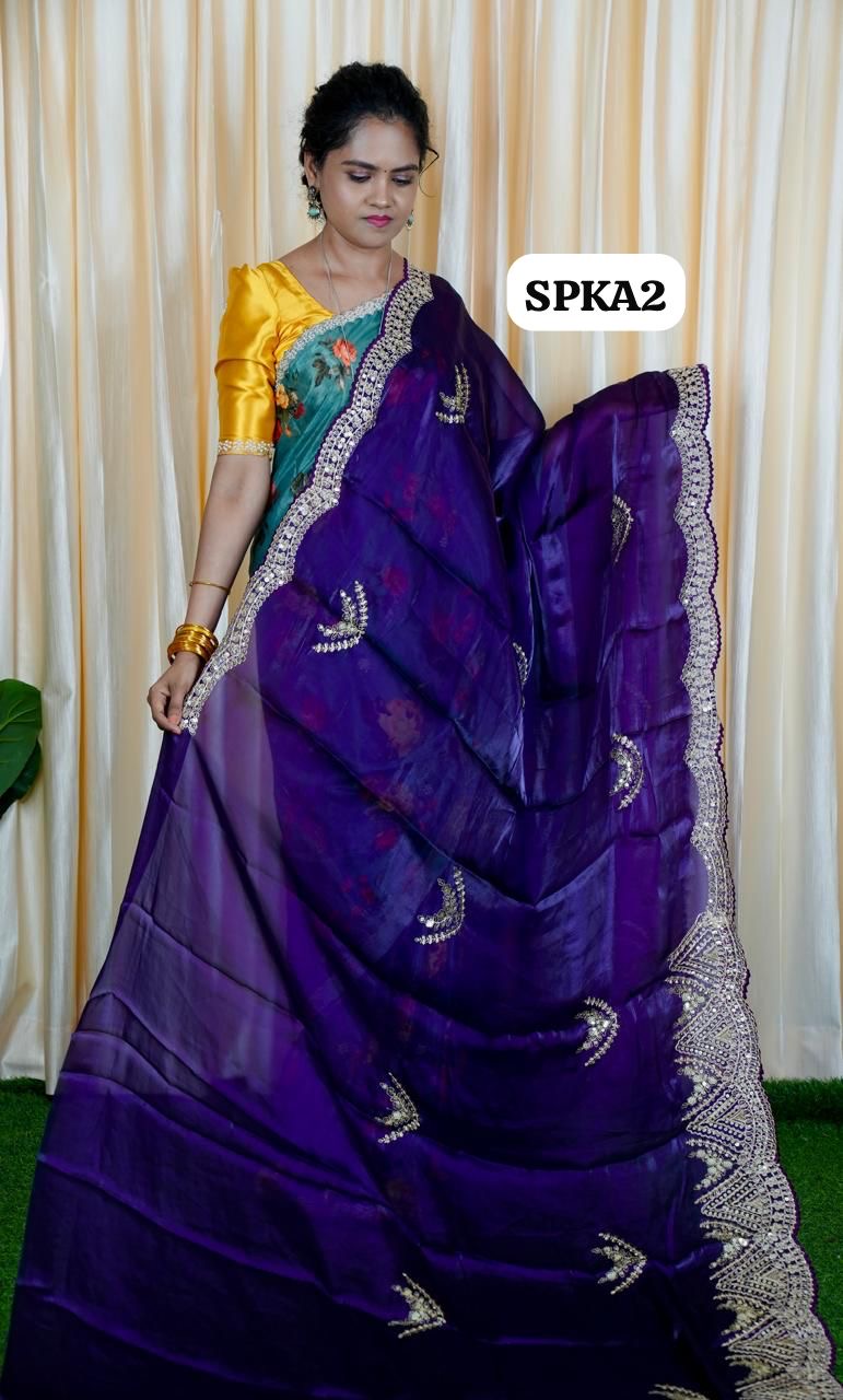 Space silk tissue sarees with heavy embroidery chumky work blouse unstitched🥳