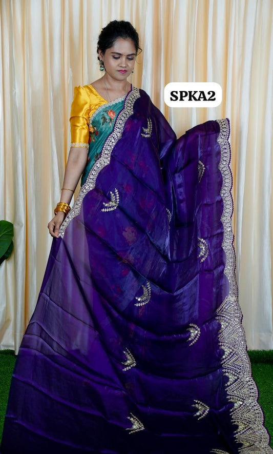 Space silk tissue sarees with heavy embroidery chumky work blouse unstitched🥰🥳✅