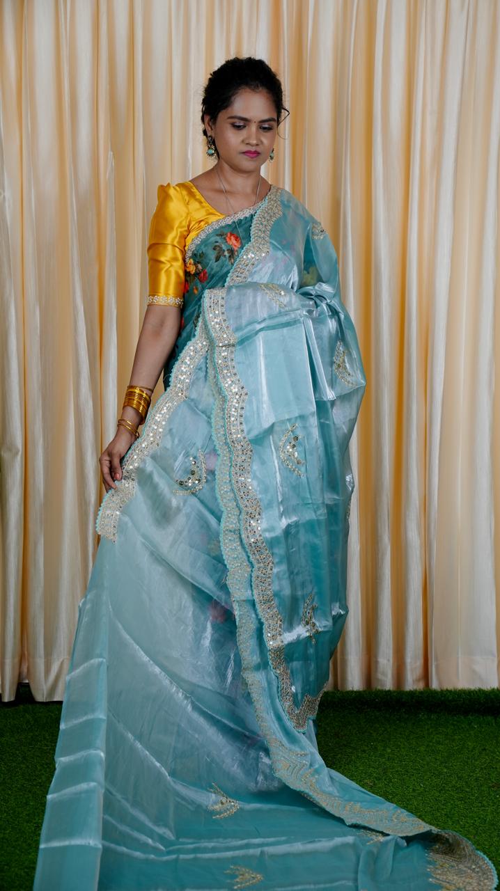 Space silk tissue sarees with heavy embroidery chumky work blouse unstitched🍄🥳
