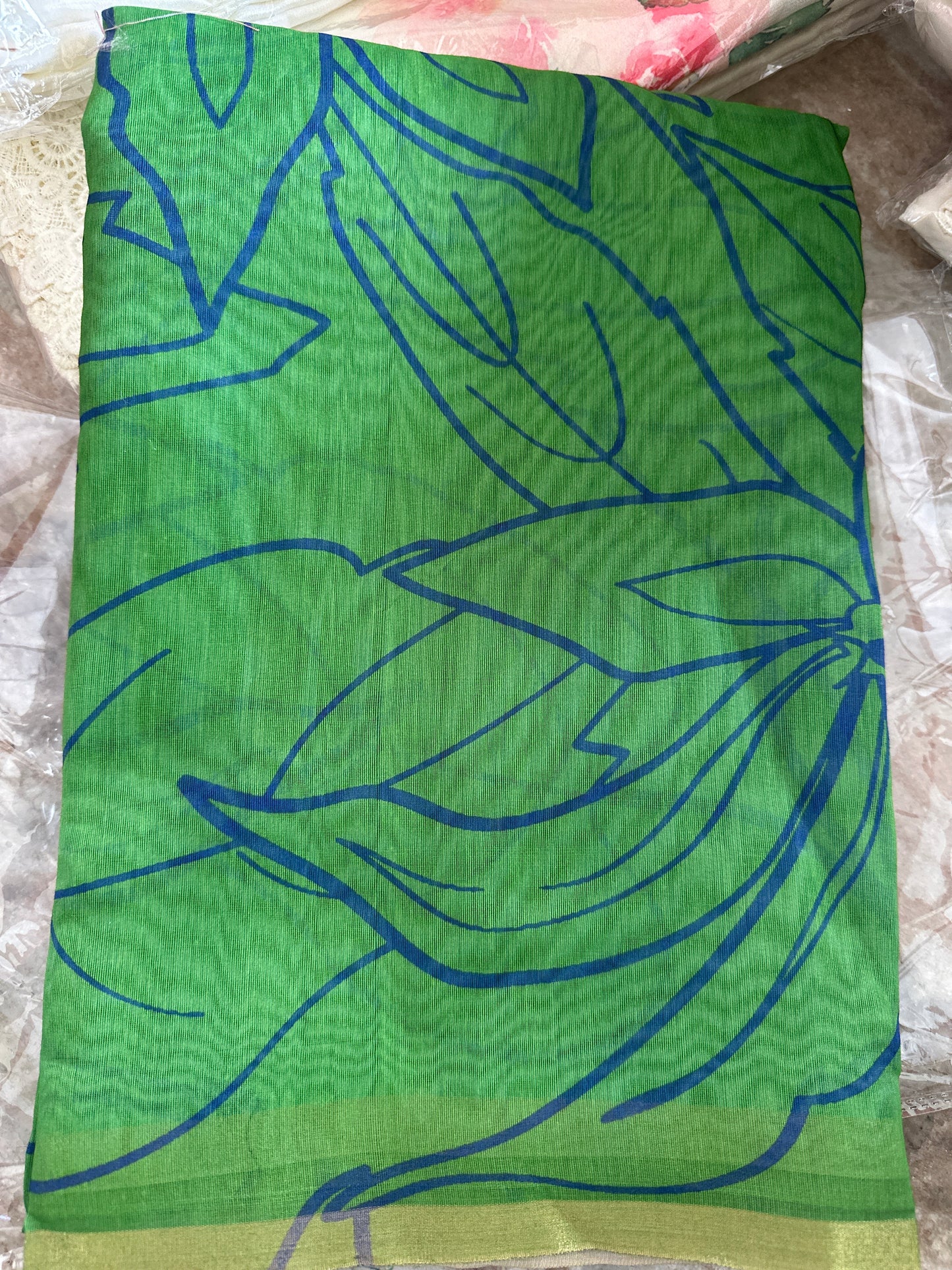 Printed semi cotton peach colour saree with line design. Same blouse as in picture Unstitched📷