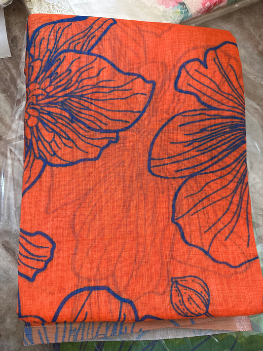 Printed semi cotton peach colour saree with line design. Same blouse as in picture Unstitched📷