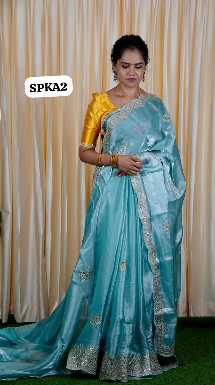 Space silk tissue sarees with heavy embroidery chumky work blouse unstitched🍄🥳