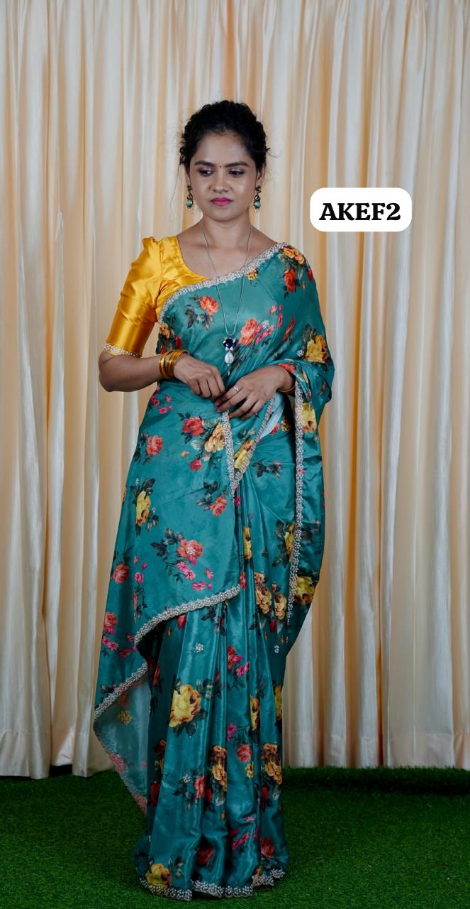 Chinnon digital printed sarees with pearl work and cutwork border. 🥳✅