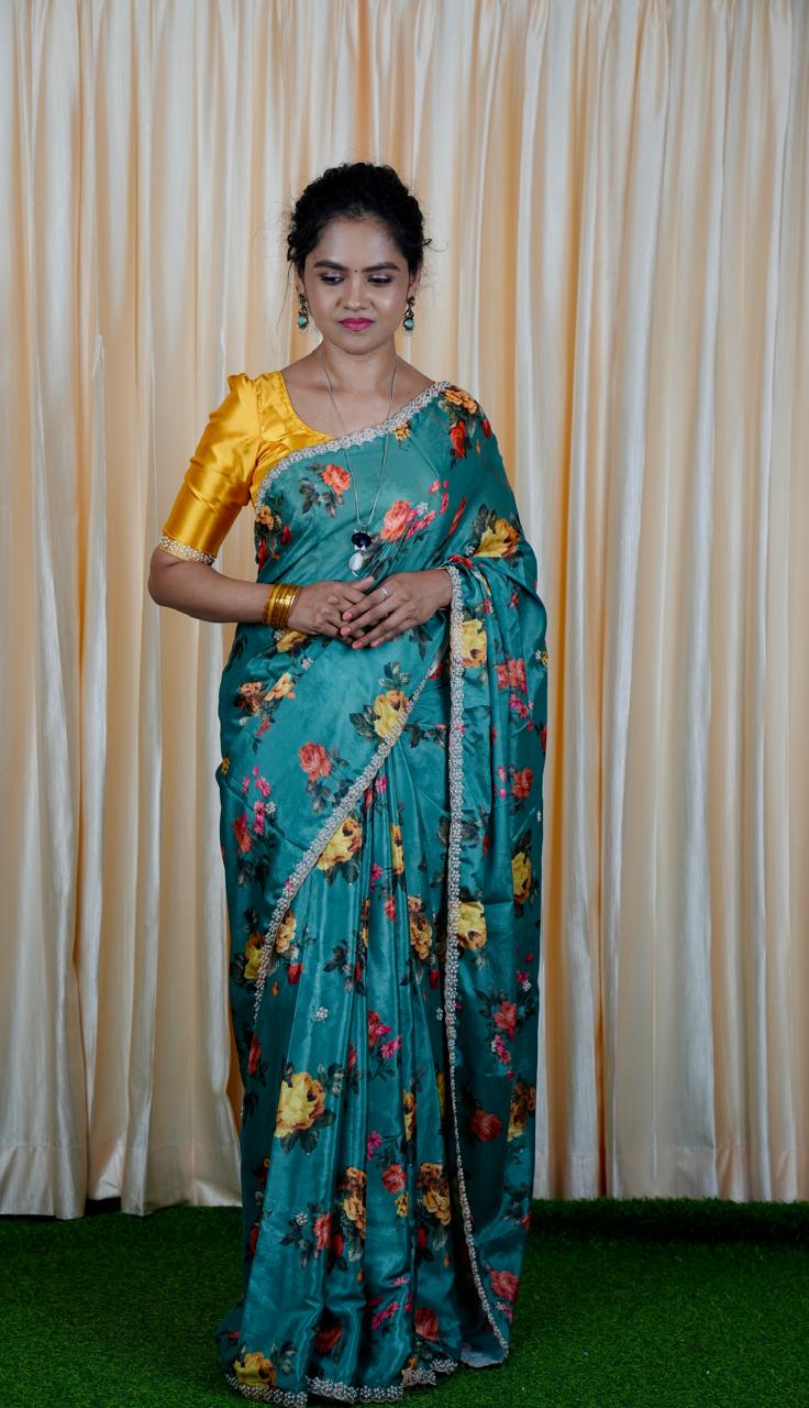 Chinnon digital printed sarees with pearl work and cutwork border. 🥳✅