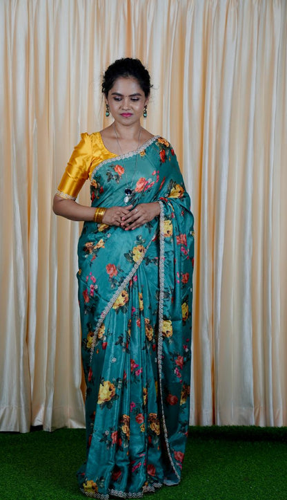 Chinnon digital printed sarees with pearl work and cutwork border. 🥳✅