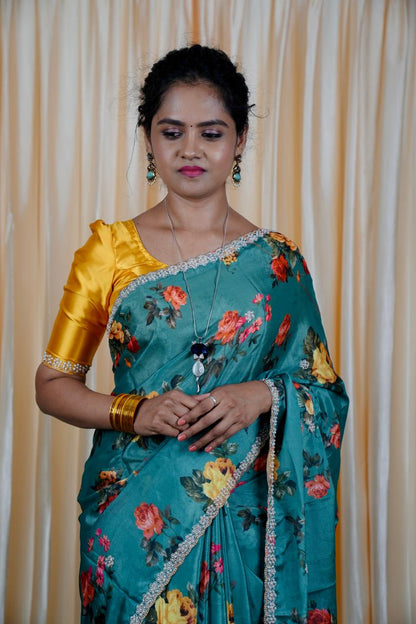 Chinnon digital printed sarees with pearl work and cutwork border. 🥳✅