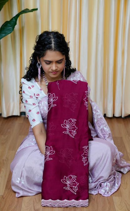 Satin Chiffon White Flower🥰😎🥳Deep Mejantha