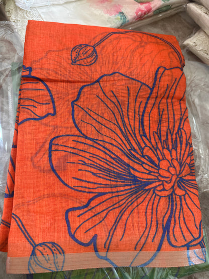 Printed semi cotton peach colour saree with line design. Same blouse as in picture Unstitched📷