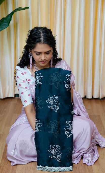 Stain Chiffon white Flower Saree🥰😎🥳 Bottle Green