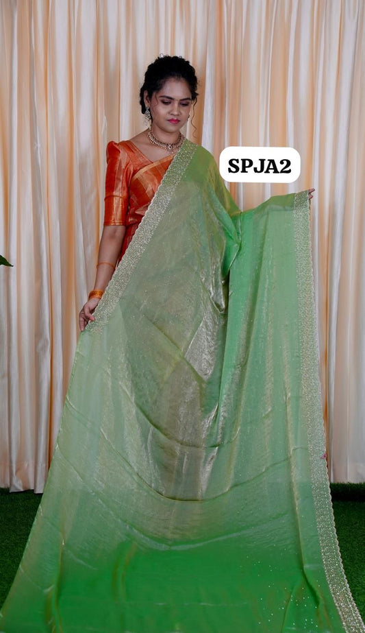 Premium space silk sarees with real jarkhan diamond work🍄🥳Elaichi green