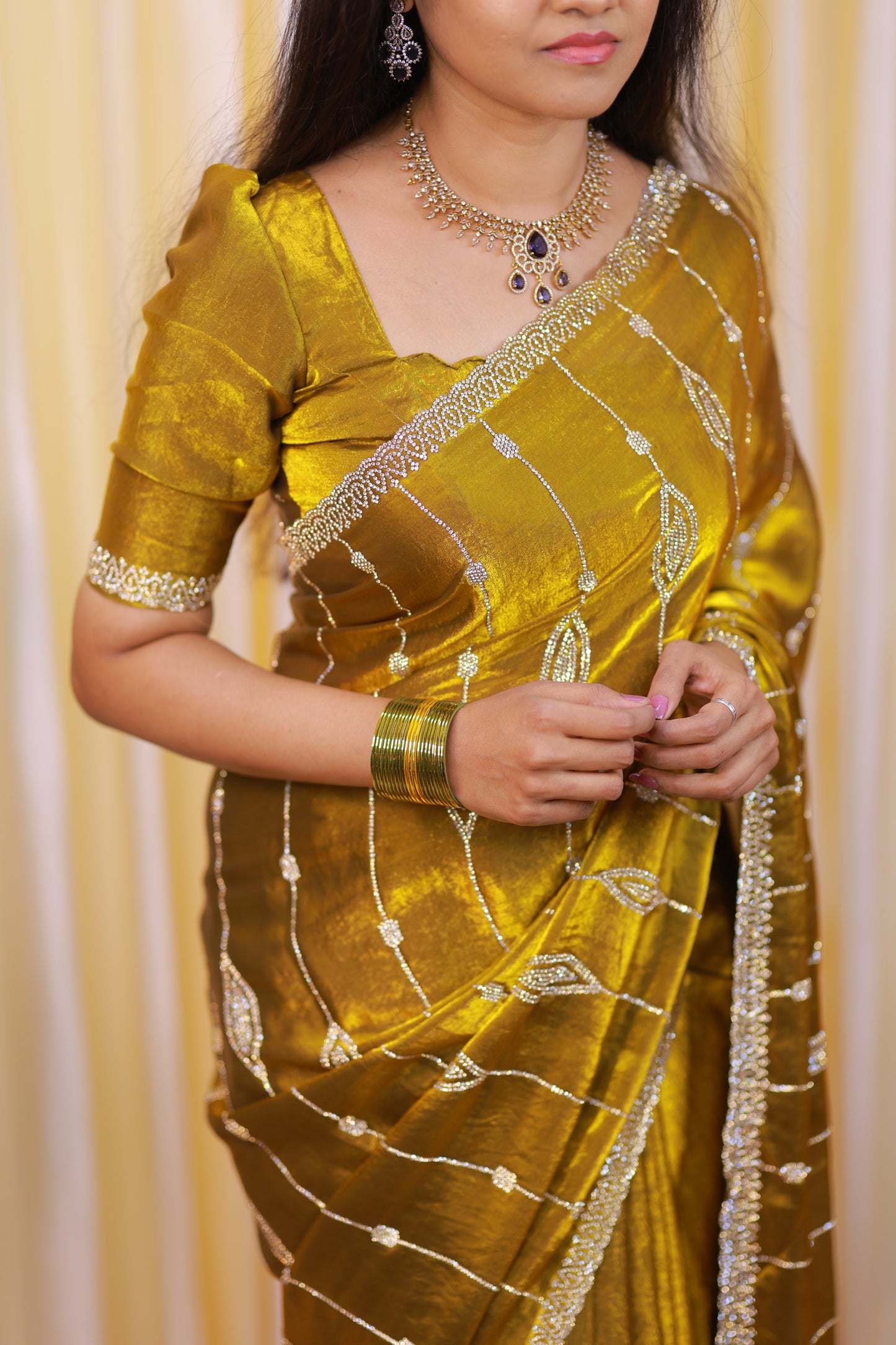 Premium space silk saree with real stone work . Perfect for reception function🥳