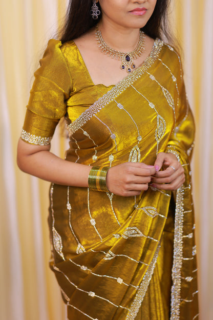 Premium space silk saree with real stone work . Perfect for reception function🥳