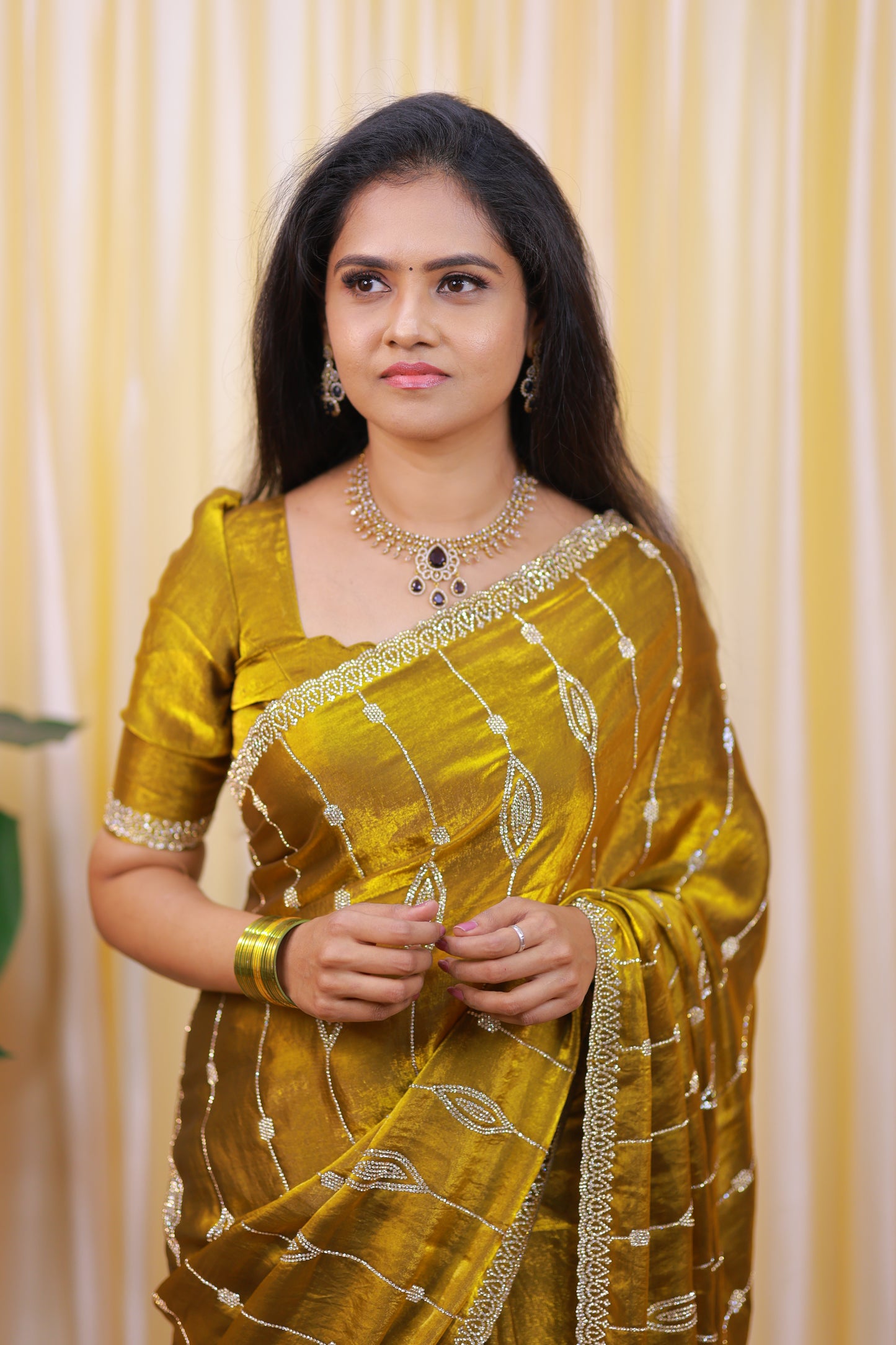 Premium space silk saree with real stone work . Perfect for reception function🥳