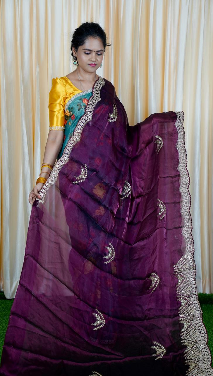 Space silk tissue sarees with heavy embroidery chumky work blouse unstitched🥰🥳✅