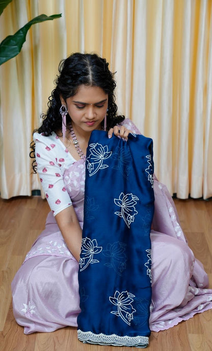 Satin Chiffon White Flower Saree Teal Blue 🥰😎🥳