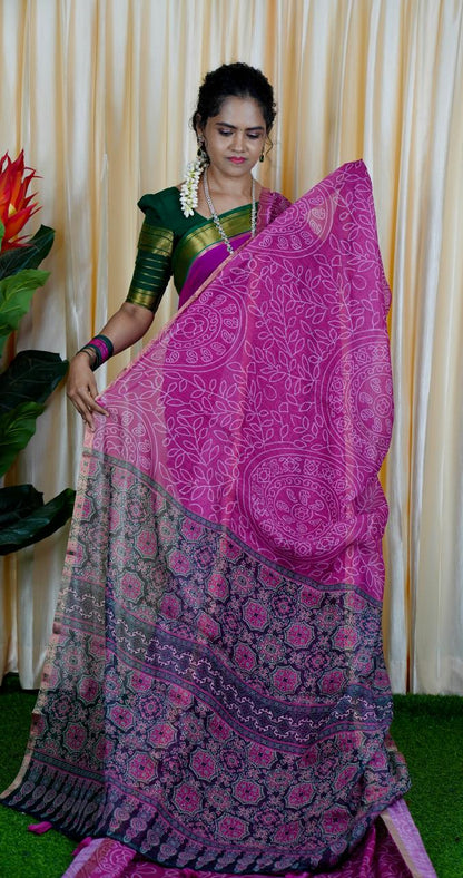 Jute linen sarees With kalamkari style blouse🥰🥳✅