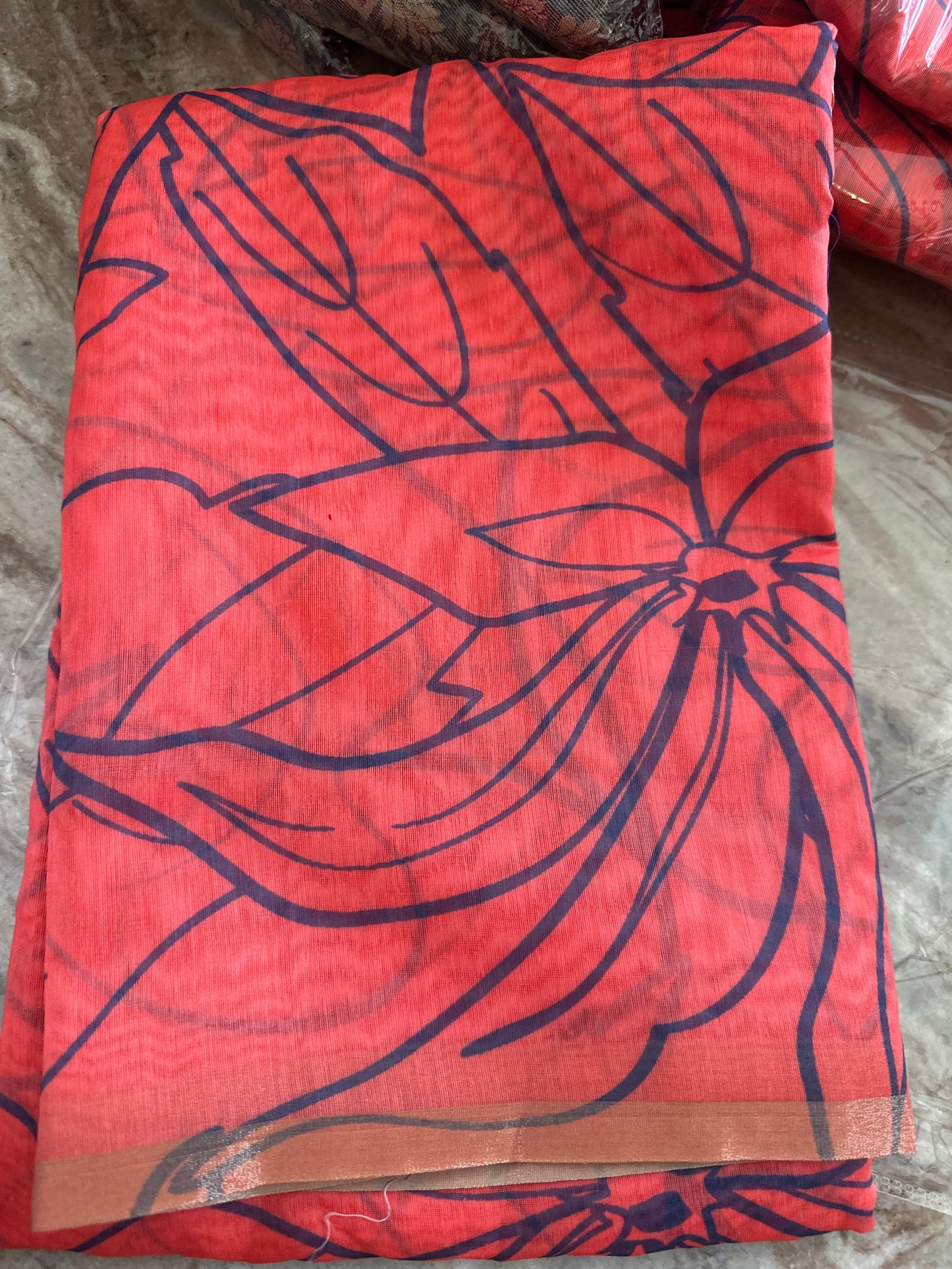 Printed semi cotton peach colour saree with line design. Same blouse as in picture Unstitched📷