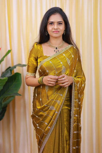 Premium space silk saree with real stone work . Perfect for reception function🥳