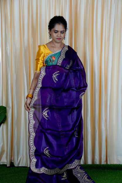 Space silk tissue sarees with heavy embroidery chumky work blouse unstitched🥳