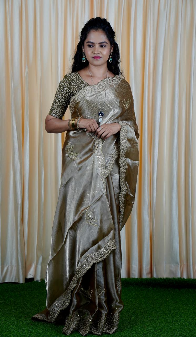 Space silk tissue sarees with heavy embroidery chumky work blouse unstitched🥳