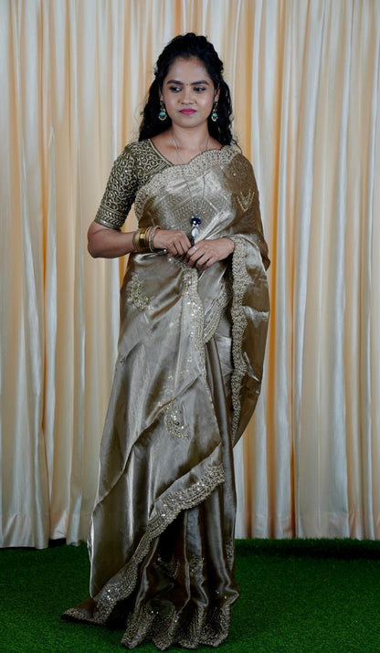 Space silk tissue sarees with heavy embroidery chumky work blouse unstitched🥳