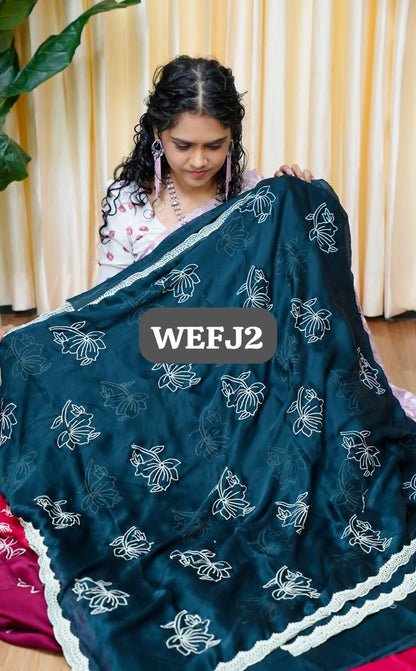 Stain Chiffon white Flower Saree🥰😎🥳 Bottle Green