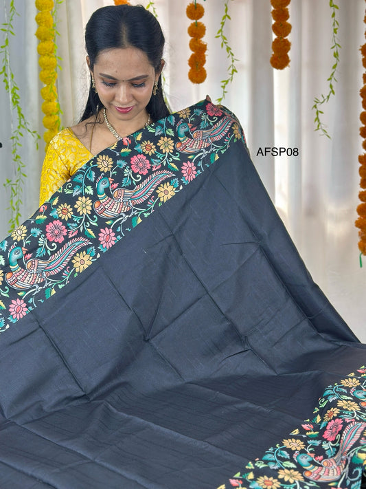 Tussar semi silk saree with kalamkari design.