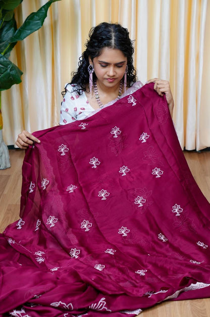 Satin Chiffon White Flower🥰😎🥳Deep Mejantha