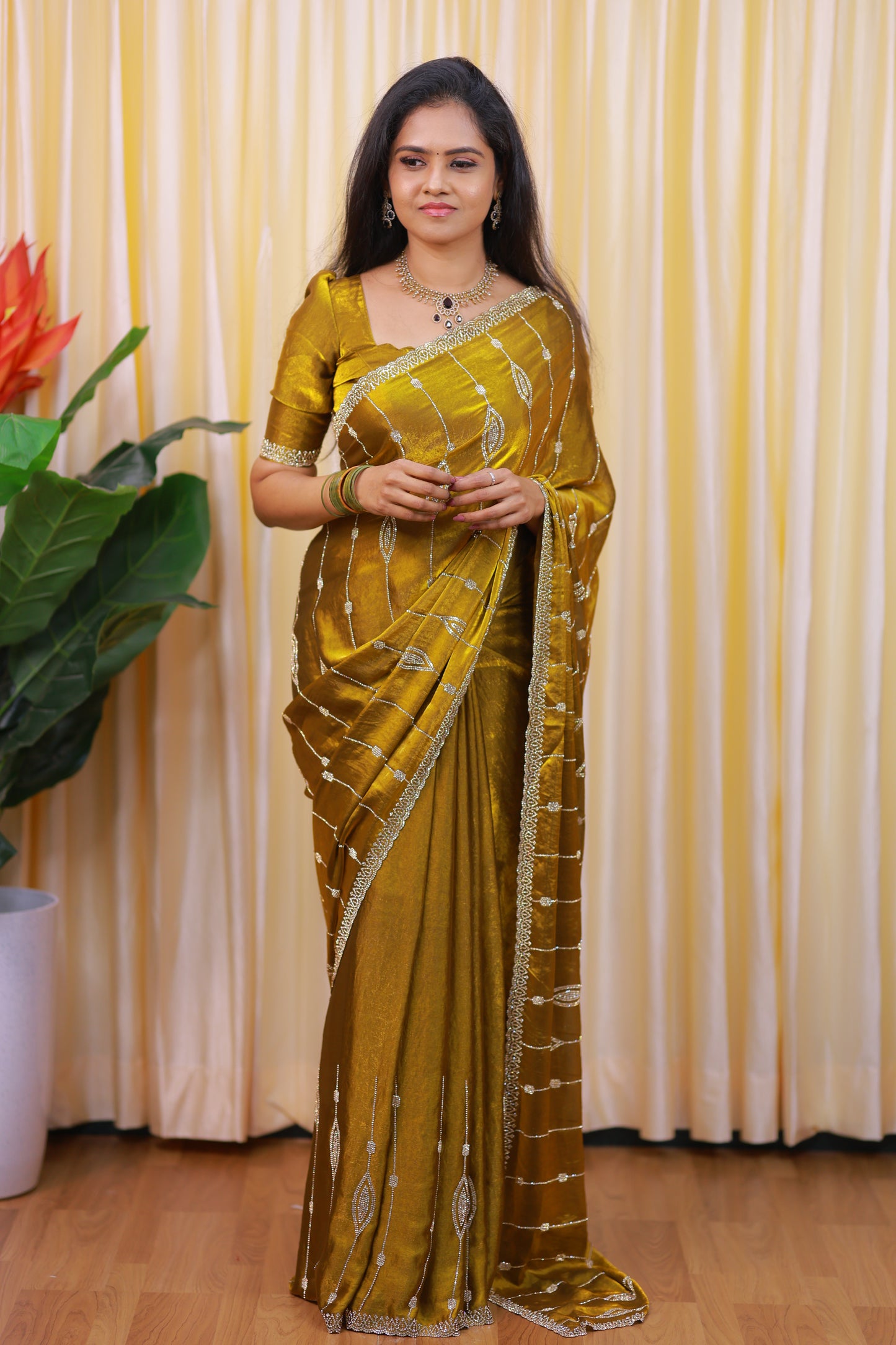 Premium space silk saree with real stone work . Perfect for reception function🥳