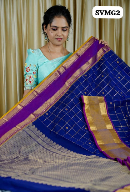 120 count Mercerised  premium kanchi cotton sarees with rich pallu and  hand made buttas(Navy blue)💎