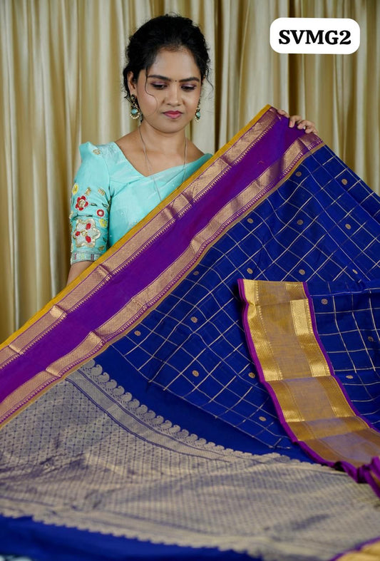 120 count Mercerised  premium kanchi cotton sarees with rich pallu and  hand made buttas(Navy blue)💎