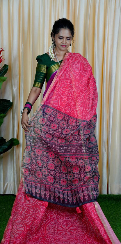 Jute linen sarees With kalamkari style blouse🥳✅