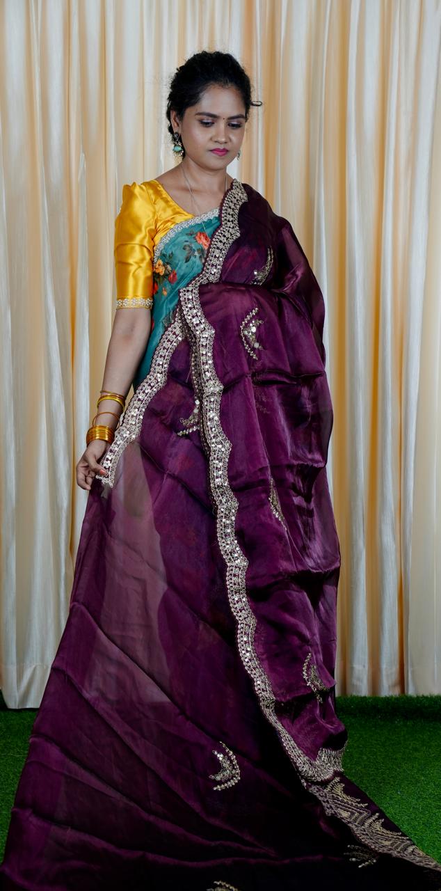 Space silk tissue sarees with heavy embroidery chumky work blouse unstitched🥰🥳✅
