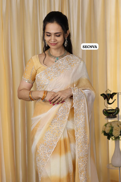 Classy embroidery work with real stone work space silk double shadw saree with satin blouse😍🥳