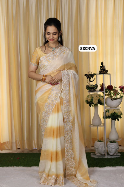 Classy embroidery work with real stone work space silk double shadw saree with satin blouse😍🥳