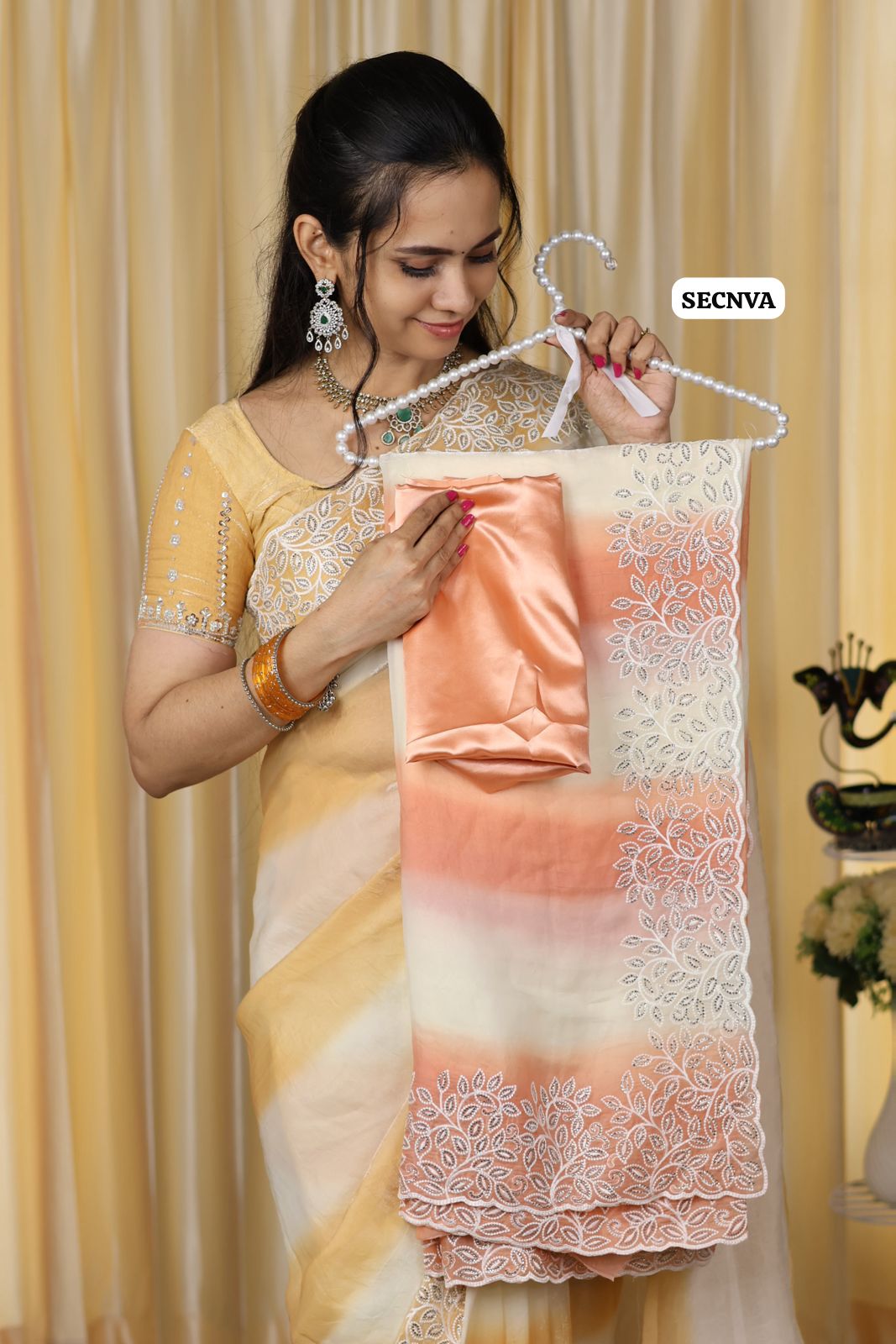 Classy embroidery work with real stone work space silk double shadw saree with satin blouse😍🥳