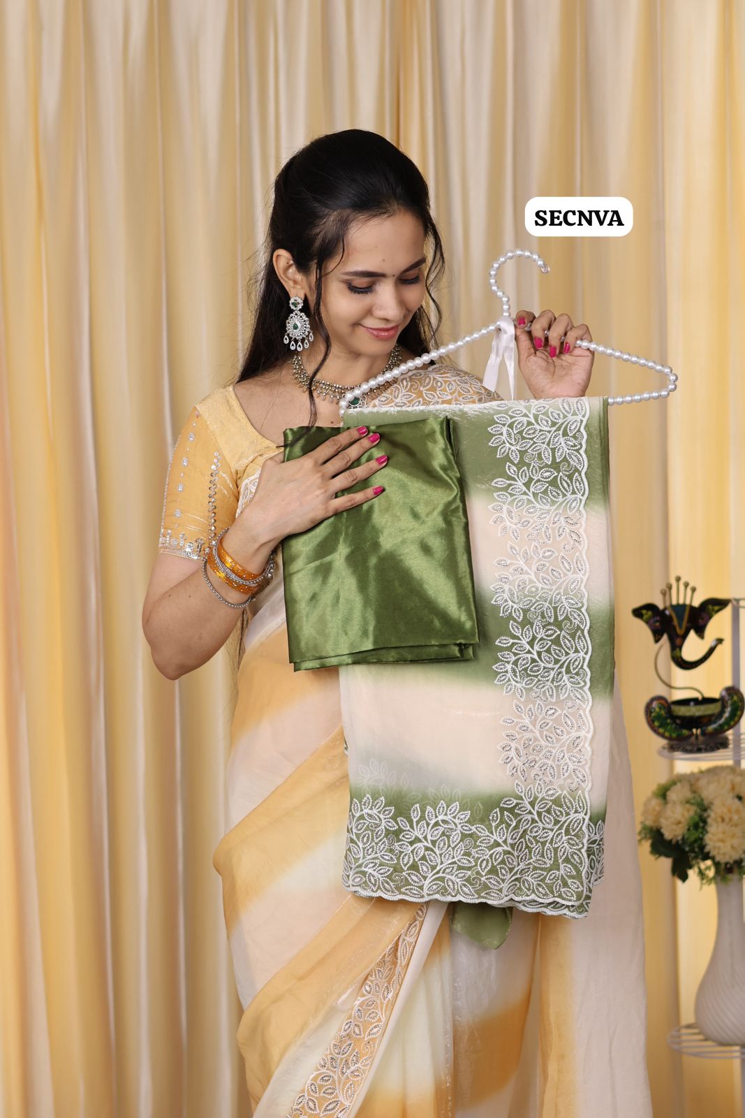 Classy embroidery work with real stone work space silk double shadw saree with satin blouse😍🥳