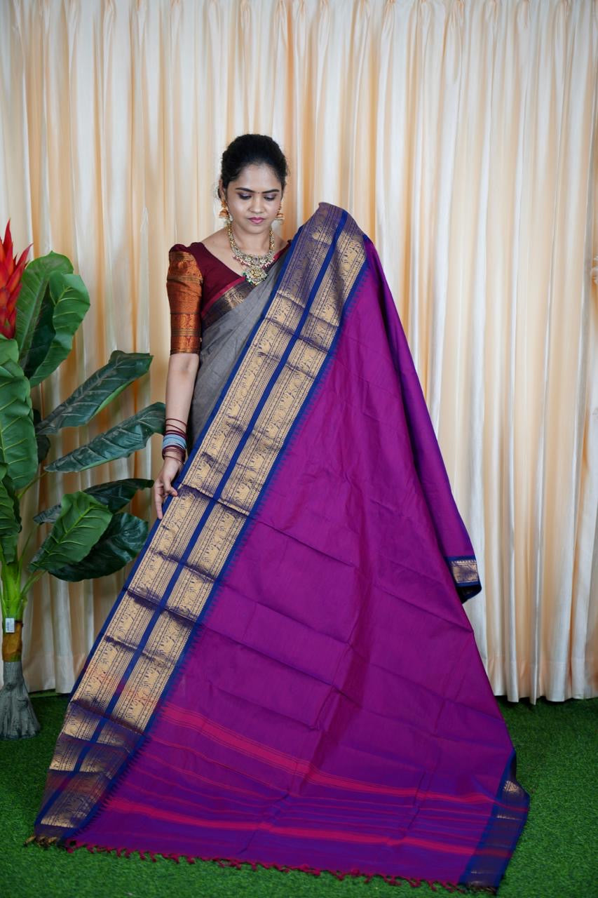 Kanchi Cotton Saree purple  with neavy blue💜❌